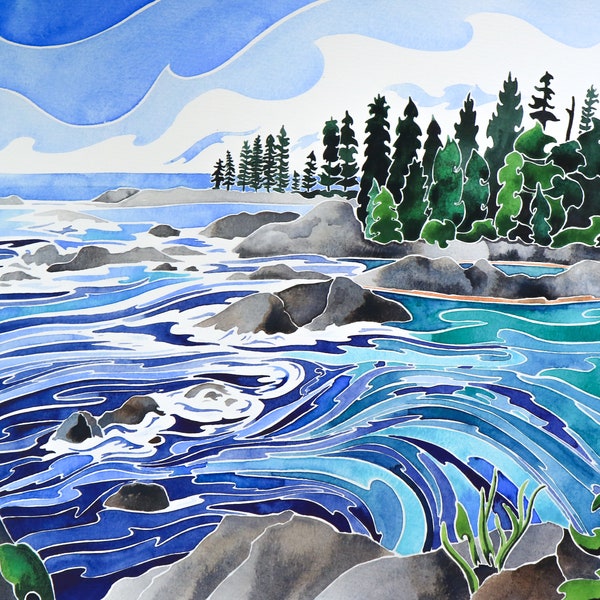 Wild West Coast Giclee Print- Watercolour Rolling Waves and Rugged Rocks- Coastal Theme Wall Art- Vancouver Island Summer Landscape