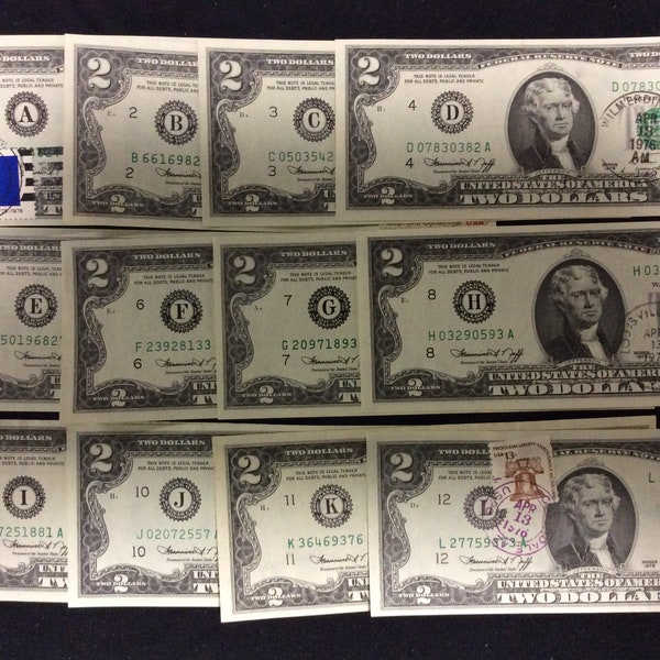 Set of 12 DISTRICTS- 1976 Two Dollar Bills 1 From Each of The 12 Districts A-L w/ first day of issue  postmarked  stamps