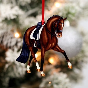 Dressage Horse Christmas Ornament, Dressage Horse Decor, Sport Horse Gifts for Women, Equestrian Decor, Bay Half Pass Dressage Horse Art