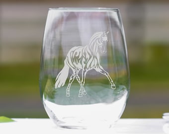 Dressage Horse Gifts, Dressage Horse Wine Glass, Half Pass Dressage, Horse Gifts for Women, Laser Etched Stemless Wine Glasses - 15 oz