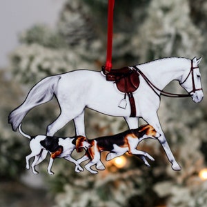 Fox Hunting Ornament, Fox Hunt Decor, Equestrian Christmas Ornament, Horse and Hound Decor,  Fox Hunting Christmas Decoration, Gray Horse