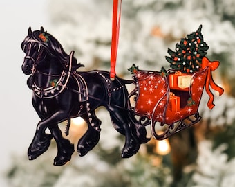 Friesian Horse Christmas Ornament, Friesian Horse Ornament, Horse Sleigh Ornament, Horse Gifts for Women, Black Horse Ornament, Equestrian