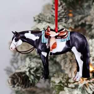 Tobiano Western Horse Christmas Ornament Decoration,  Paint Horse Ornaments, Western Pleasure Horse Gifts, Pinto Horse, Black White Tobiano
