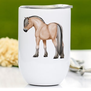May include: White stainless steel travel mug with a brown and white horse illustration.