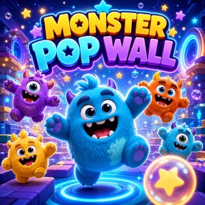 Peut inclure: Un graphique numérique intitulé Monster Pop Wall montrant un grand monstre bleu poilu au centre, entouré de plus petits monstres violets, orange, jaunes et bleu clair. Le fond présente des étoiles brillantes, des bulles et des blocs violets.