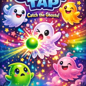 May include: A colorful digital graphic titled GHOST TAP with the text Catch the Ghosts! and Create Magic on the Wall! featuring four cartoon ghosts in white, yellow, green, and pink against a dark starry background with rainbow light streaks.