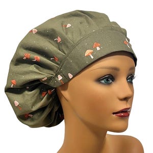 Vintage Mushrooms, Women’s Bouffant Scrub Cap, Scrub Hats for Women, Elastic with Toggle or Ties, Kellys Scrub Kaps