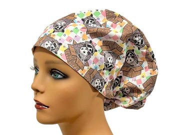 Opossum and Racoon Love, Funny Euro Scrub Caps for Women, Elastic with Toggle or Kellys Scrub Kaps Caps, Funny Scrub Cap