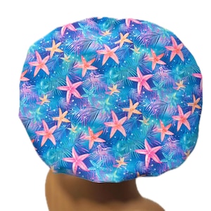 Pretty Starfish Beach Bouffant Surgical Scrub Cap, Scrub Hat for Women, Elastic with Toggle or Ties, Kelly’s Scrub Kaps Satin