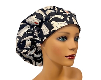 Ghost Scrub Cap: Halloween Bouffant Hat, Toggle or Ties, Satin Lined