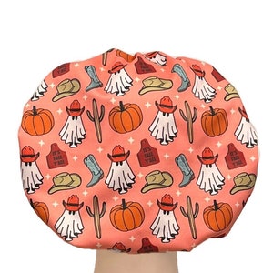 Cowboy Western Ghost Scrub Cap, Halloween Fall Women’s Bouffant Scrub Hats for Women, Elastic with Toggle or Ties, Satin Lined Gift