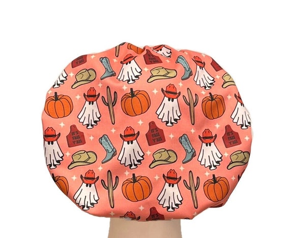 Cowboy Western Ghost Scrub Cap, Halloween Fall Women’s Bouffant Scrub Hats for Women, Elastic with Toggle or Ties, Satin Lined Gift