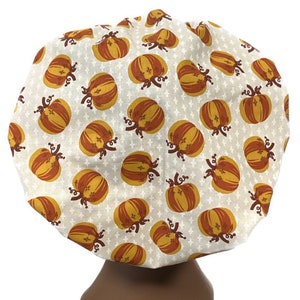 Pumpkins, Fall Women’s Bouffant Scrub Cap, Scrub Hats for Women, Elastic with Toggle or Ties, Kellys Kaps, Thanksgiving, Autumn, Halloween