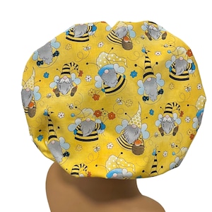 Bumblebee Gnome Bouffant Scrub Cap for Women – Adjustable Surgical Hat with Ties or Elastic Toggle – Kelly’s Scrub Kaps, Nurse Gift