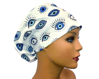 Evil Eye Euro Scrub Caps for Women, Elastic with Toggle or Kellys Scrub Kaps Caps, Blue Eyes Scrub Cap