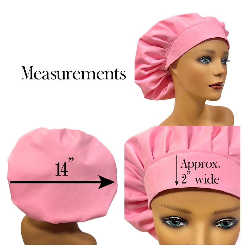 May include: A solid light pink bonnet featuring a wide band. The text Measurements is visible. A diagram shows a 14-inch diameter and a band that is approximately 2 inches wide. The bonnet is shown on a mannequin head from multiple angles.