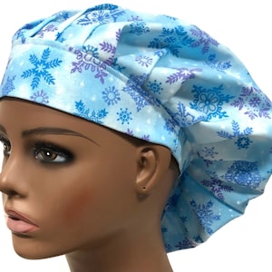 Winter Snowflakes, Glittery, Scrub Hat, Women’s Bouffant Scrub Cap, Elastic with Toggle or Ties, Kelly’s Scrub Kaps