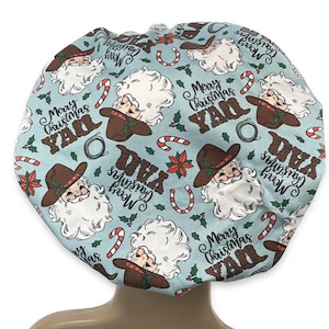Western Santa, Christmas, Women’s Bouffant Scrub Cap, Scrub Hats for Women, Elastic with Toggle or Ties