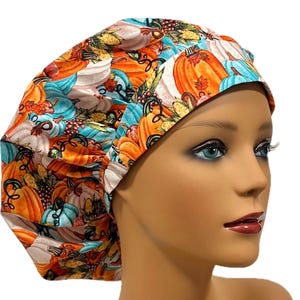 Pumpkin Patch Scrub Cap, Bouffant Style Fall Surgical Nurse Hat, Autumn Pumpkins Hair Cover, Adjustable Cotton Cap for OR, Satin/Silk