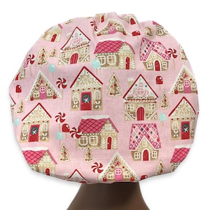 Pink Glittery Gingerbread Houses,  Women’s Bouffant Christmas Scrub Caps, Scrub Hats for Women, Elastic with Toggle or Ties