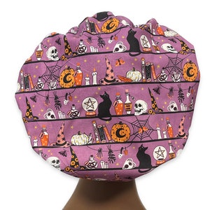 Halloween Scrub Cap,  Spooky Shelves, Women’s Bouffant Scrub Cap, Scrub Hats for Women, Elastic with Toggle or Ties, Autumn, Halloween