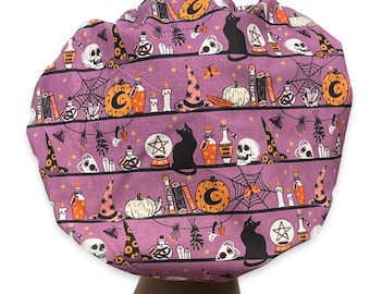Halloween Scrub Cap,  Spooky Shelves, Women’s Bouffant Scrub Cap, Scrub Hats for Women, Elastic with Toggle or Ties, Autumn, Halloween