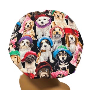 Dog Bouffant Scrub Cap, Funny Dog Nurse Hat, Colorful Puppy Print Surgical Cap, Pet Lover Gift, Kelly’s Scrub Kaps, Satin Lined, Nurse Gift