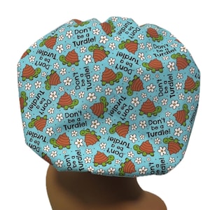 Funny Turtle Bouffant Scrub Caps for Women, Satin Lined, Elastic with Toggle or Ties, Kellys Scrub Kaps Caps, Funny Scrub Cap
