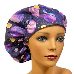 Space, Planets Bouffant Scrub Cap – Adjustable Cotton Surgical Hat with Optional Satin Lining, Elastic Toggle or Ties, Surgical Scrub Cap