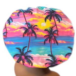 Sunsets and palm Trees, Beach Bouffant Surgical Scrub Cap, Scrub Hat for Women, Elastic with Toggle or Ties, Kelly’s Scrub Kaps Satin