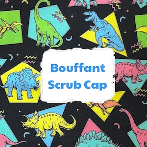 90’s Dinosaurs Bouffant Surgical Scrub Cap, Scrub Hat for Women, Elastic with Toggle or Ties, Kelly’s Scrub Kaps Satin
