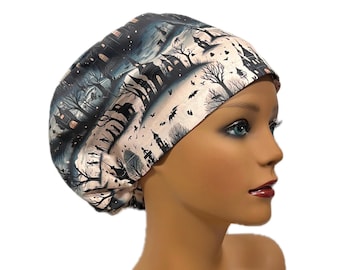 Halloween Scrub Cap: Haunted House Euro Scrub Cap – Halloween Surgical Scrub Hat for Women, Nurse Hair Cover