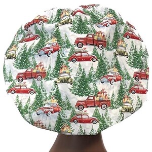 Christmas Pickup Trucks, Women’s Bouffant Christmas Scrub Caps, Scrub Hats for Women, Elastic with Toggle or Ties, Kellys Scrub Kaps