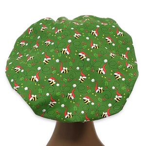 Christmas Bees, Bumblebees, Holiday, Women’s Bouffant, Scrub Caps, Scrub Hats for Women, Elastic with Toggle or Ties, Kellys Scrub Kaps,