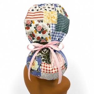 Pretty Patchwork Ponytail Scrub Cap, Scrub Hats for Women, Satin Lined