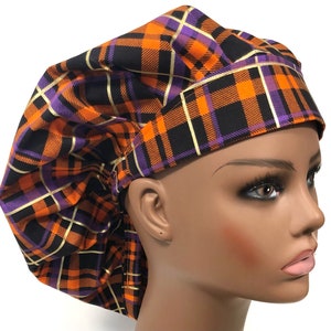 Halloween Plaid, Fall, Autumn, Women’s Bouffant Scrub Cap, Scrub Hats for Women, Elastic with Toggle or Ties, Kelly’s Scrub Kaps