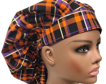 Halloween Plaid, Fall, Autumn, Women’s Bouffant Scrub Cap, Scrub Hats for Women, Elastic with Toggle or Ties, Kelly’s Scrub Kaps