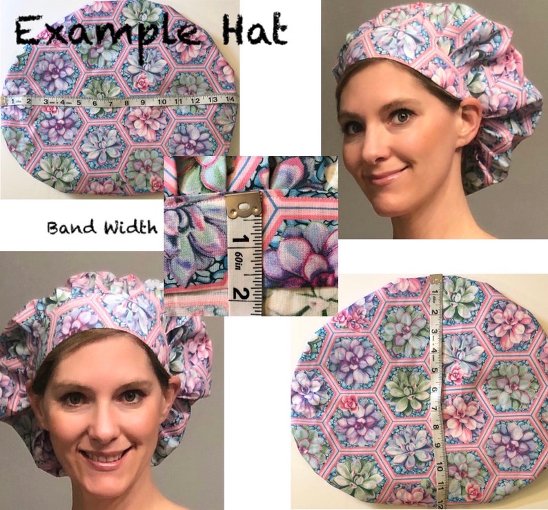Op de afbeelding: Een roze en blauwe scrub-muts met een elastisch band van 5 cm breed. De muts heeft een zeshoekig patroon met roze, blauwe en groene vetplanten.