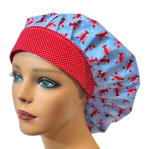 Lobster Bouffant Scrub Cap for Women - Adjustable with Ties or Elastic Toggle - Satin Option - Handmade Scrub Hat by Kelly’s Scrub Kaps