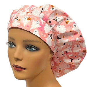 Halloween Scrub Cap Pink Ghosts, Women’s Bouffant Scrub Cap, Scrub Hats for Women, Elastic with Toggle or Ties