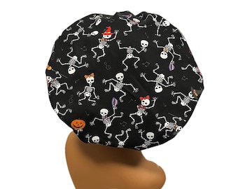 Halloween Scrub Cap, Bouffant Style Skeletons Nurse Hat, Black Skull Surgical Cap, Spooky OR Tech Hair Cover, Fall Medical Hat, Satin