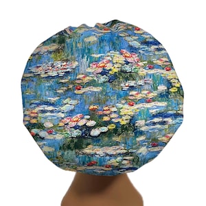 Handmade Water Lilies Painting Cotton Women’s Bouffant Scrub Cap – Satin Lining Option, Adjustable Elastic Toggle & Ties, Nurse Vet Tech Hat