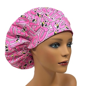 Flamingos Summer Beach Bouffant Surgical Scrub Cap, Scrub Hat for Women, Elastic with Toggle or Ties, Kelly’s Scrub Kaps Satin