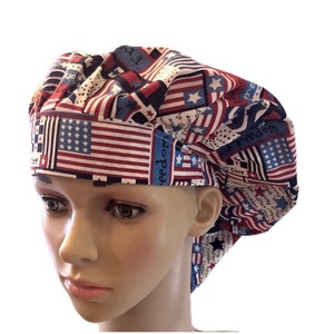 4th of July Scrub Cap, Women’s Bouffant Surgical Scrub Cap, Elastic with Toggle or Ties, Independence Day Scrub Hat