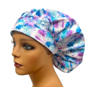Watercolor Tree Scrub Cap, Bouffant Style Nurse Hat, Blue Purple Surgical Cap, Soft Cotton Hair Cover, Artistic OR Tech Hat, Satin Lined