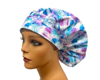 Watercolor Tree Scrub Cap: Bouffant Nurse Hat, Soft Cotton, Satin Lined
