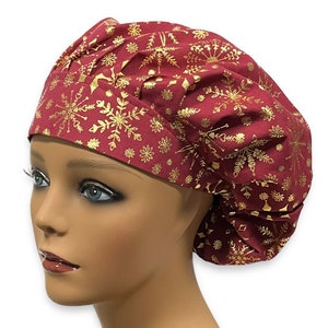 Shimmery Gold Snowflakes, Christmas Women’s Bouffant Scrub Caps, Satin Lined Option, Scrub Hats for Women, Elastic with Toggle or Ties