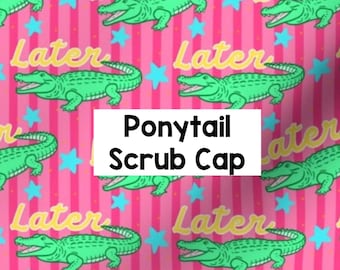 Funny Ponytail Alligator Scrub Cap, Surgical Cotton OR Euro Cap, Gator Scrub Hat, Crocodile