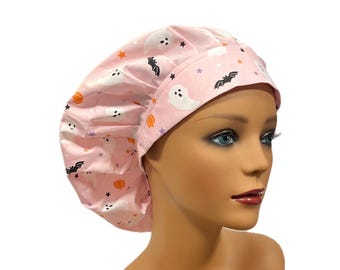 Cute Pink Halloween Ghost Scrub Cap, Halloween Fall Women’s Bouffant Scrub Hats for Women, Elastic with Toggle or Ties, Satin Lined Gift