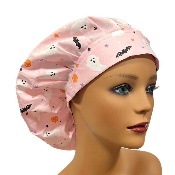 Cute Pink Halloween Ghost Scrub Cap, Halloween Fall Women’s Bouffant Scrub Hats for Women, Elastic with Toggle or Ties, Satin Lined Gift